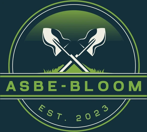 The Asbe-bloom logo: two crossed spades over grass inside a green ringed badge, with the words Asbe-bloom, Est. 2023
