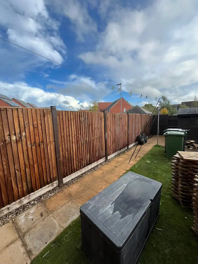 Closeboard fence panels on timber posts along a back garden boundary